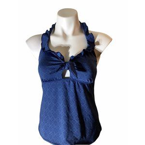 Lucky Brand All The Frills Halter Tankini Top color blue Denim removable D-Cup